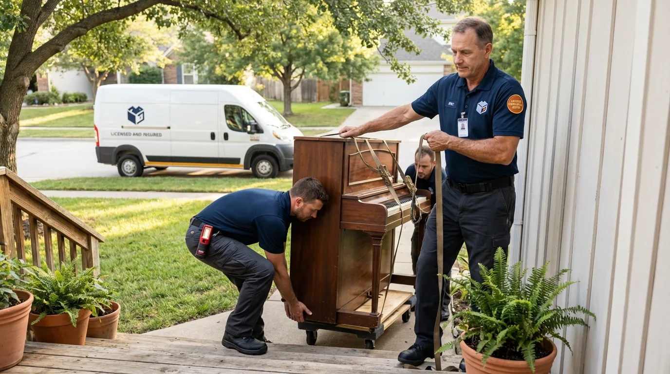 Licensed piano movers securing grand piano in Plymouth, OH