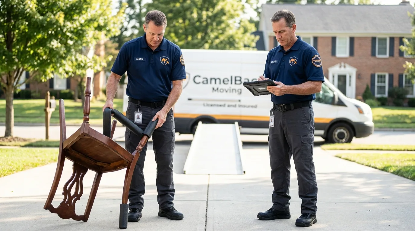 Movers inspecting furniture for damage prevention before loading in Plymouth, OH