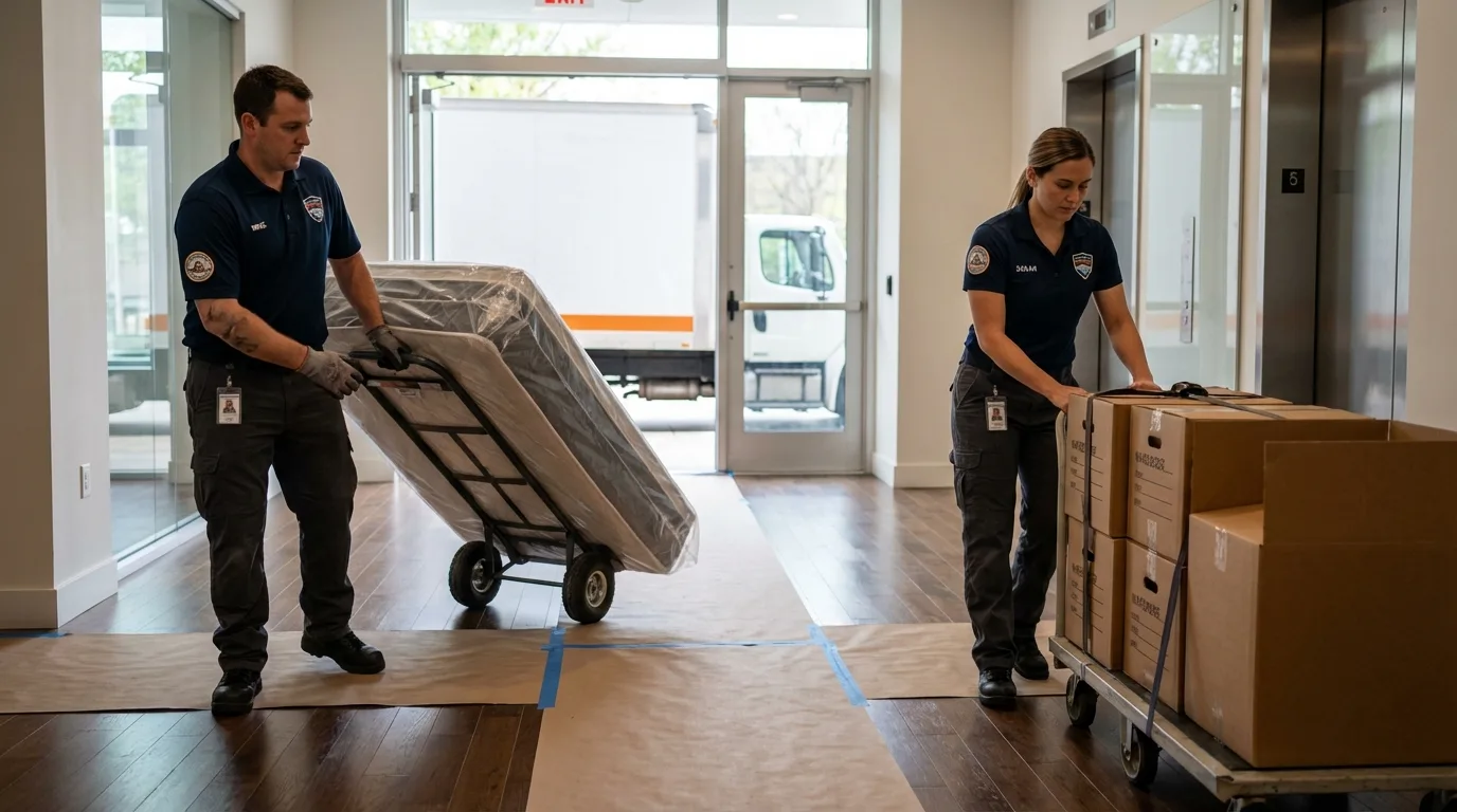 Professional apartment movers loading elevator in Plymouth, OH