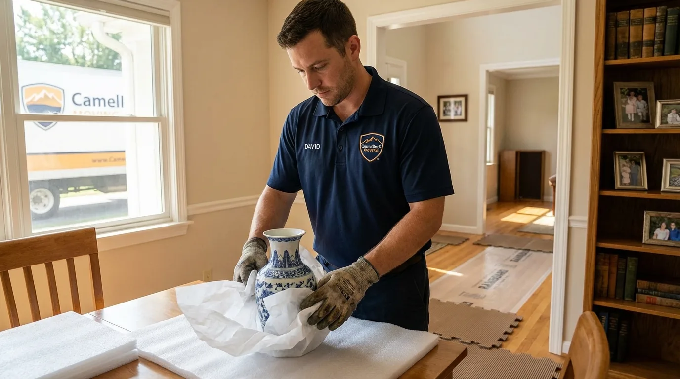 Professional crew carefully wrapping antique vase for senior downsizing move in Plymouth, OH