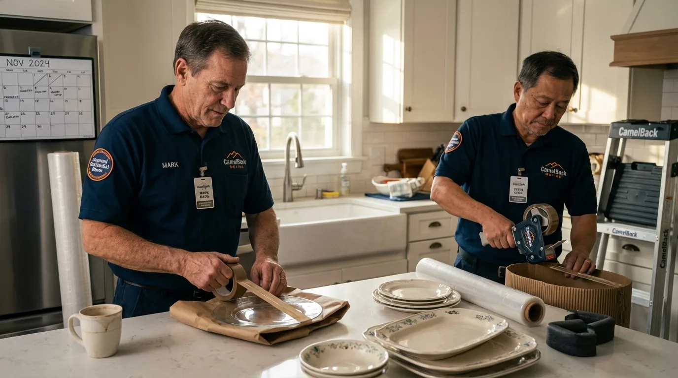 Professional crew packing kitchen dishware in Plymouth, OH